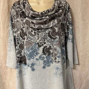 Indigo Soul Gray and Blue Floral Cowl Neck Sweater